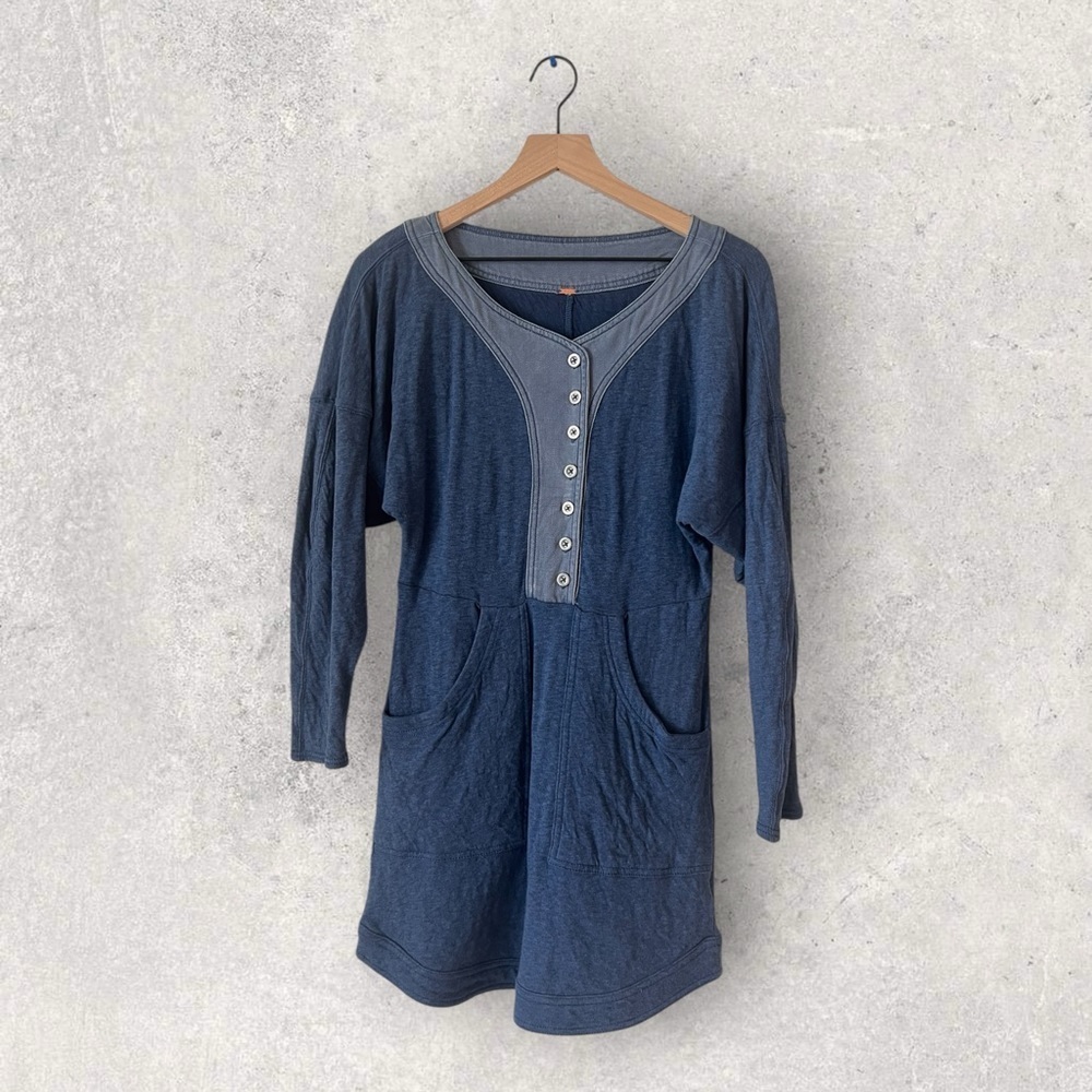 Free People Seeking Hearts Tunic Blue Button Front Long Sleeve Dress Size S - Picture 2 of 11